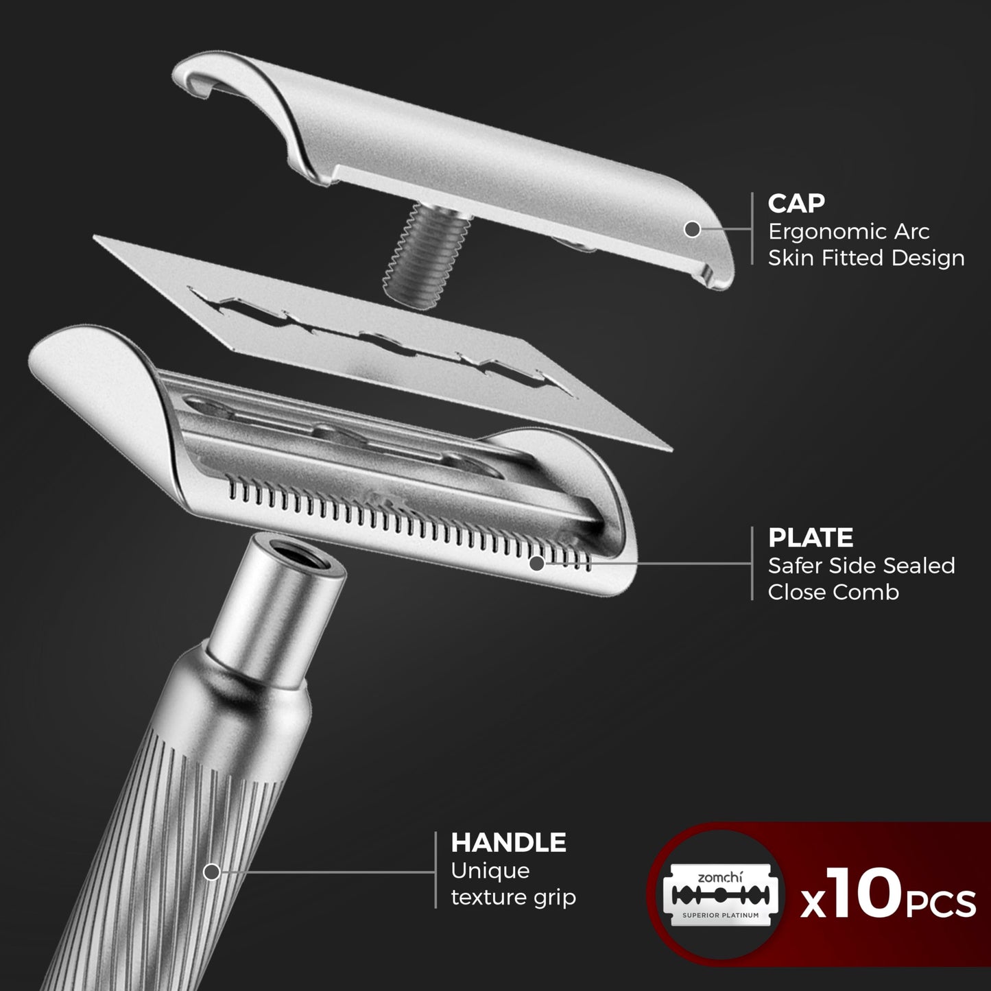 ZOMCHI Double Edge Safety Razor for Men & Women, Premium Metal Razor with 10 Double Edge Safety Razor Blades,Single Blade Razor – Noble Silver