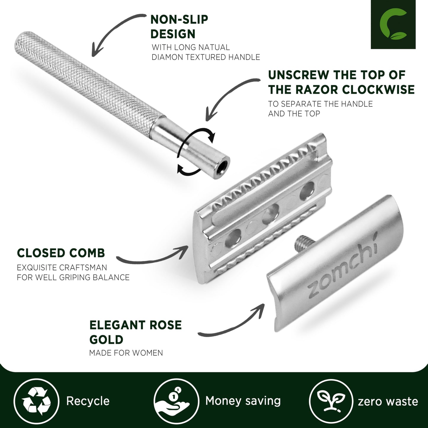 ZOMCHI Double Edge Safety Razor for Men & Women, Premium Metal Razor with 10 Double Edge Safety Razor Blades,Single Blade Razor – Noble Silver