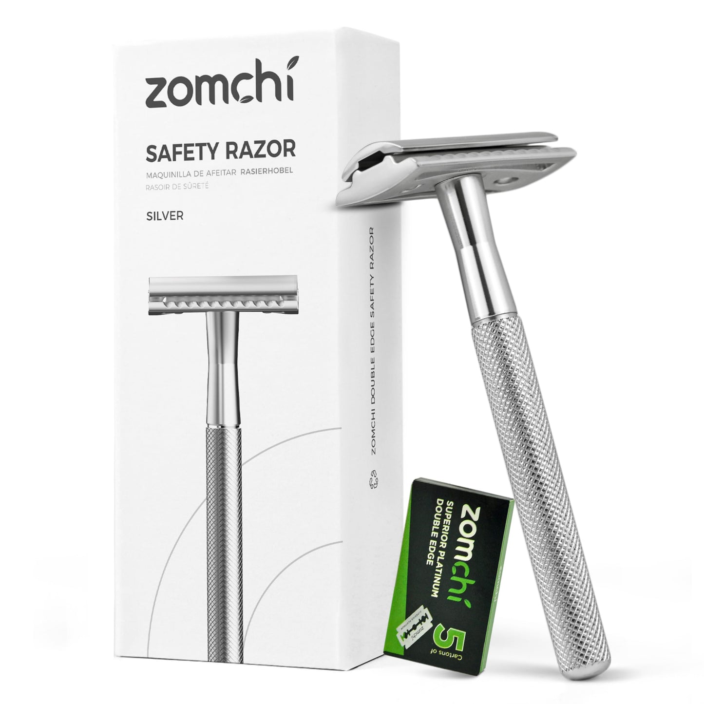 ZOMCHI Double Edge Safety Razor for Men & Women, Premium Metal Razor with 10 Double Edge Safety Razor Blades,Single Blade Razor – Noble Silver