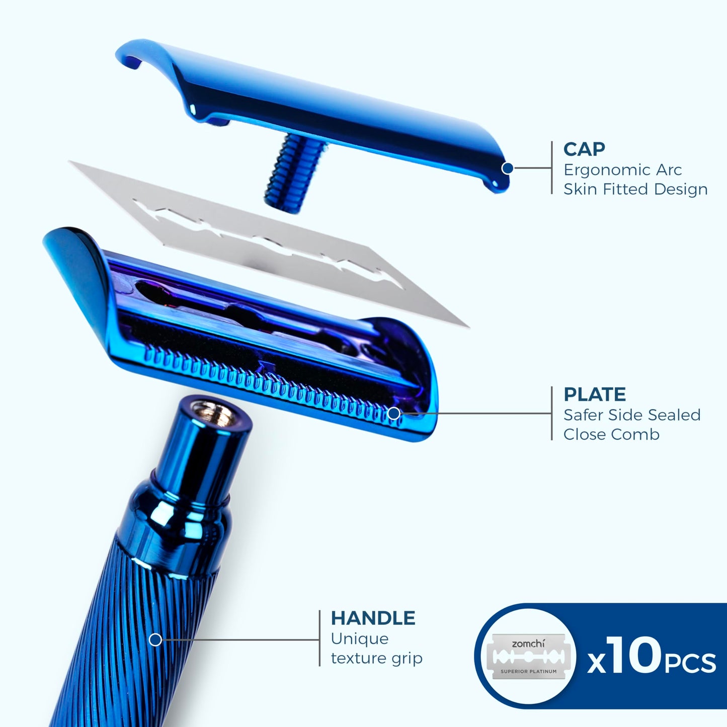 ZOMCHI Double Edge Safety Razor for Men & Women, Premium Metal Razor with 10 Double Edge Safety Razor Blades,Single Blade Razor – Noble Silver