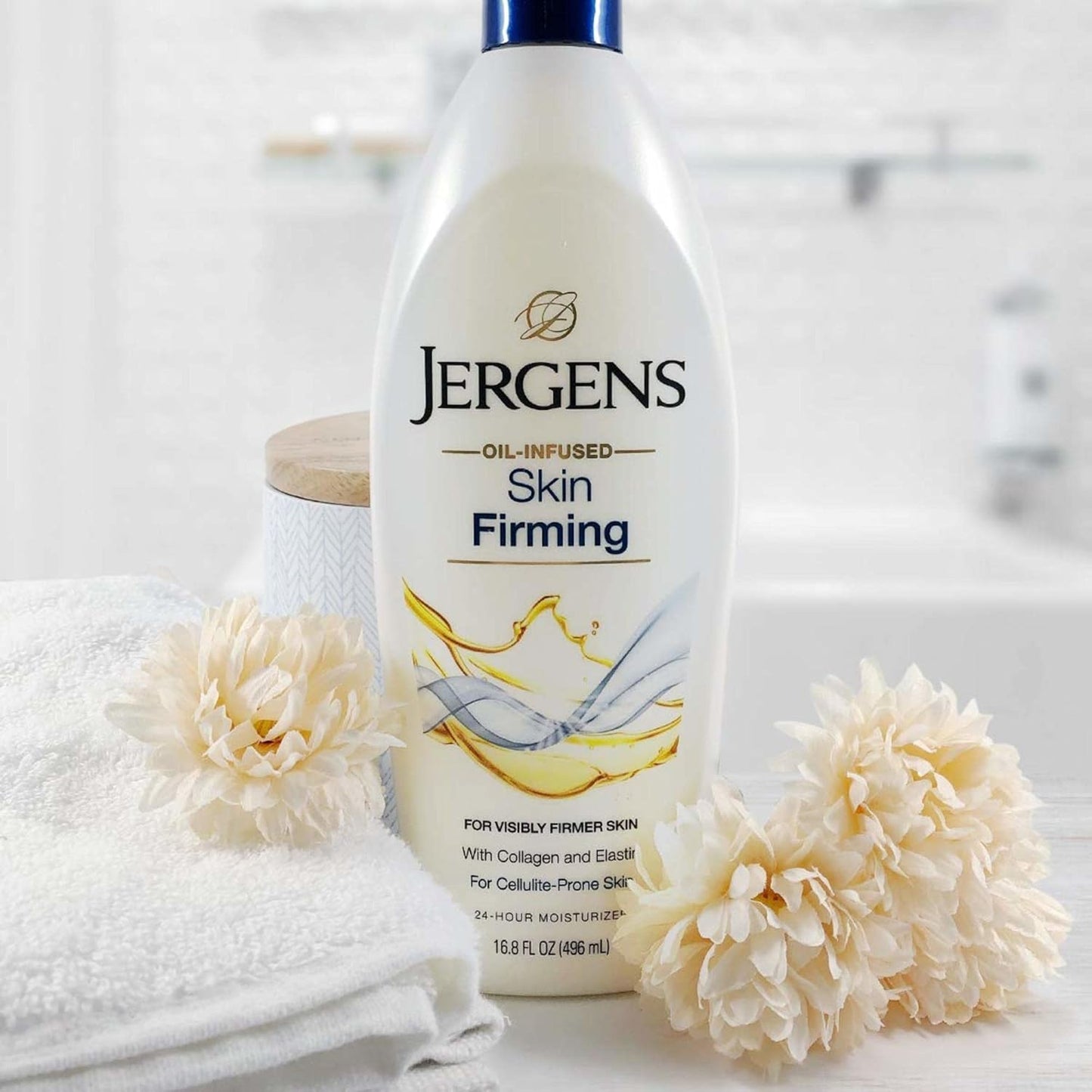 Jergens Skin Firming Body Lotion for Dry to Extra Dry Skin, Skin Tightening Cream with Collagen and Elastin, Dermatologist Tested, Hydralucence Blend Formula, 16.8 Oz