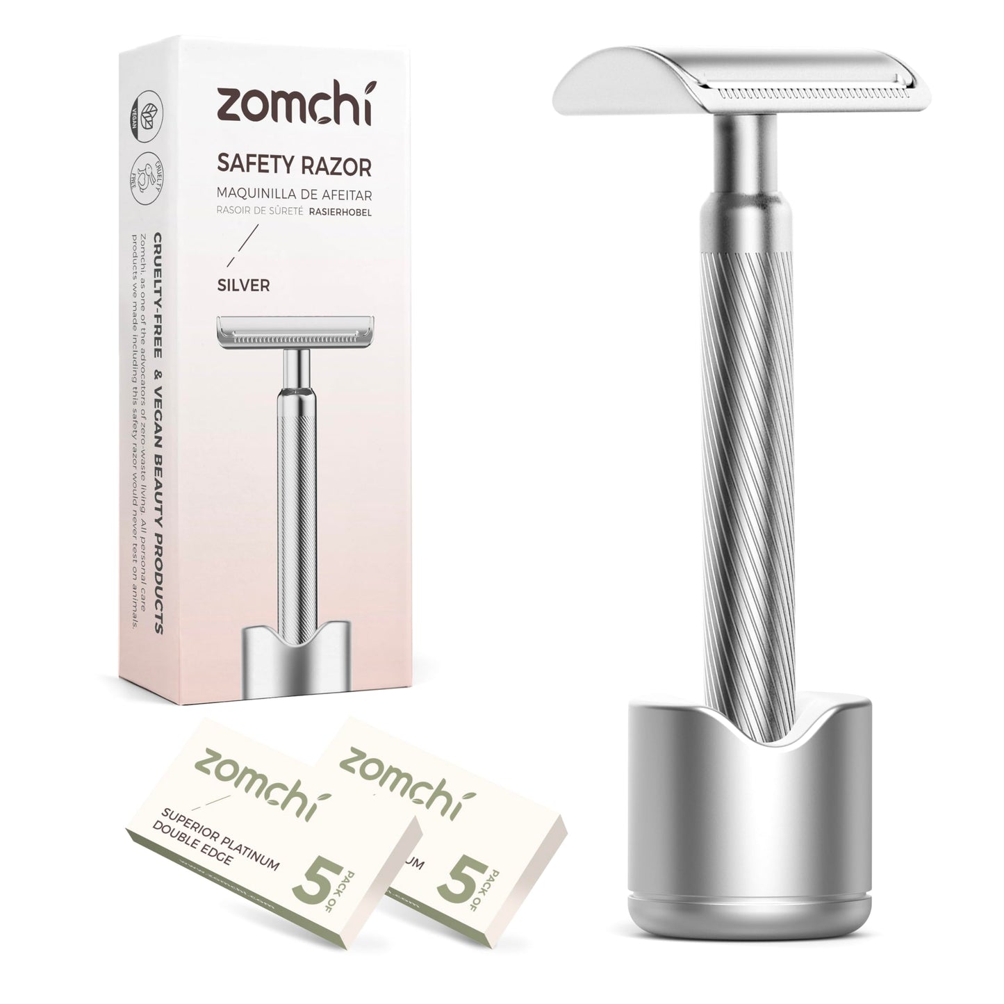ZOMCHI Double Edge Safety Razor for Men & Women, Premium Metal Razor with 10 Double Edge Safety Razor Blades,Single Blade Razor – Noble Silver