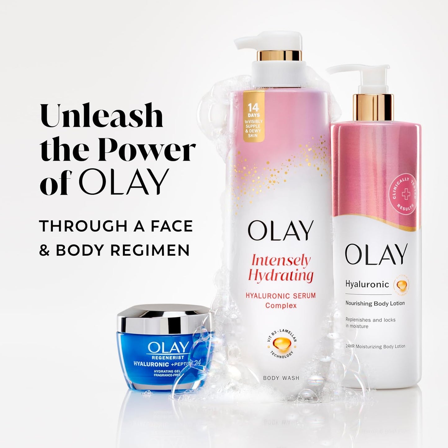 Olay Intensely Hydrating Body Wash + Body Lotion Bundle Pack, Moisturizing & Nourishing Formula with Hyaluronic Acid & Vitamin B3 Complex, 26 fl oz & 17 fl oz, (Pack of 2)
