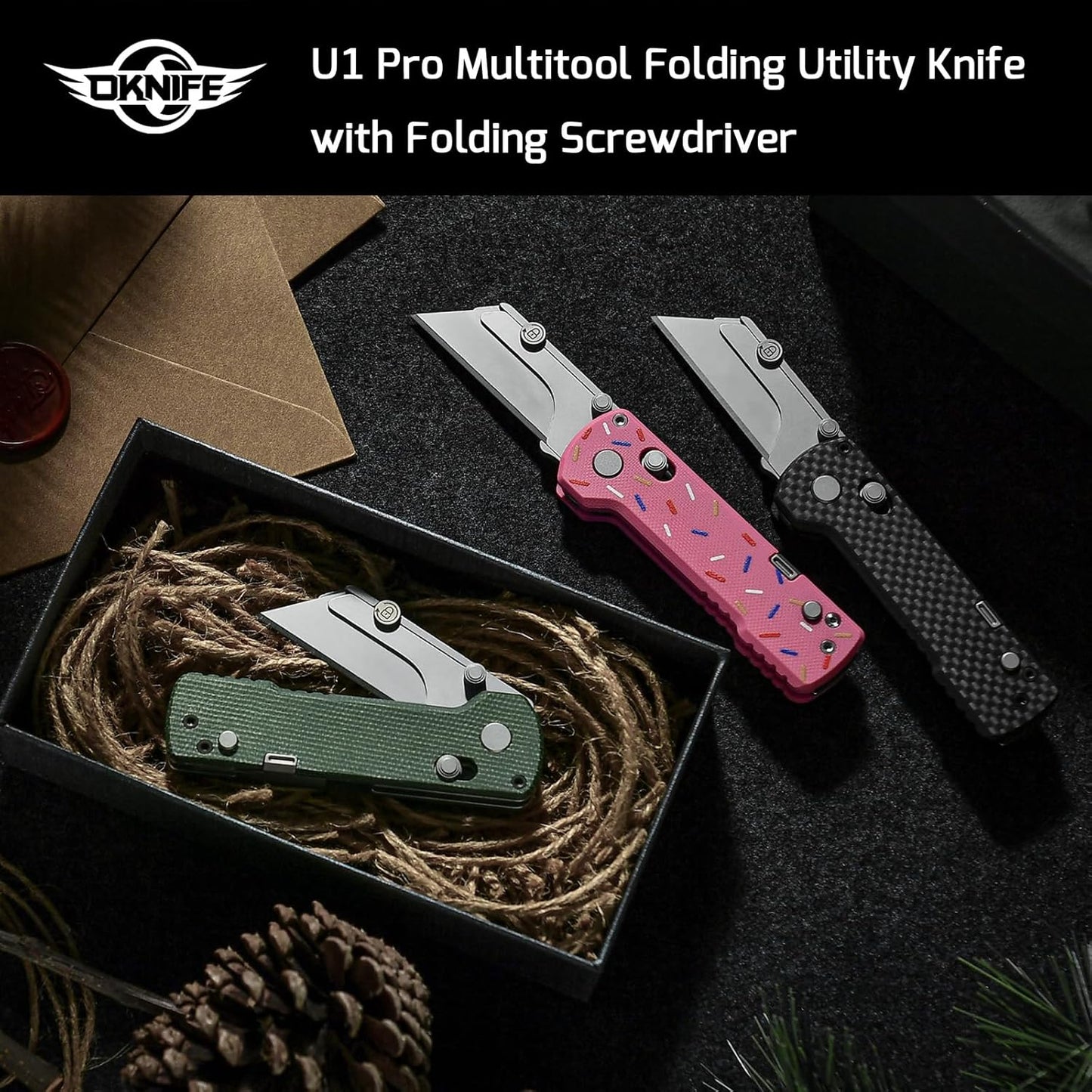 OKNIFE U1 Pro Multitool Folding Utility Knife with Folding Screwdriver, Quick Change Blade, Rail Lock & Pocket Clip for Men Women(Doughnut)