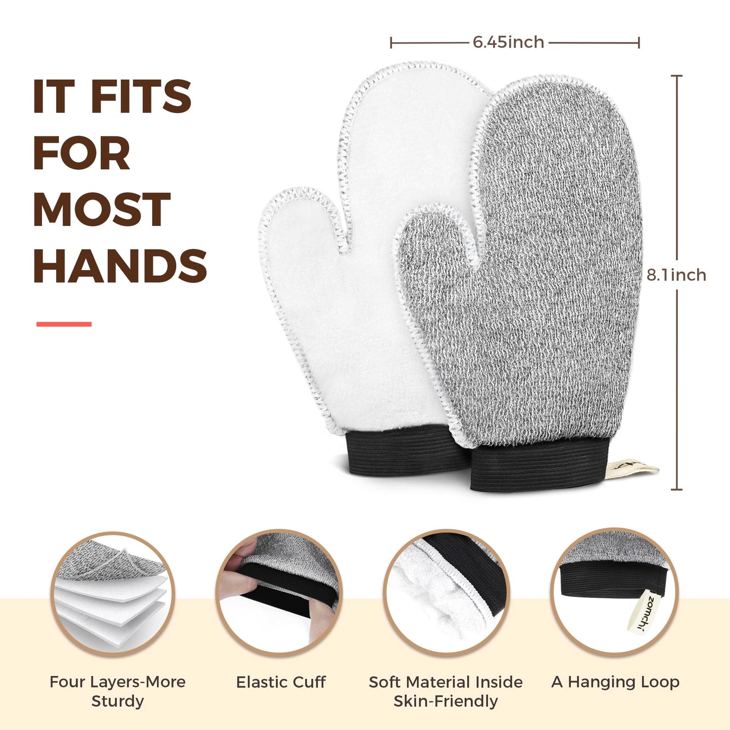 ZOMCHI 2 Pack Deep Exfoliating Glove with Dual Texture, Massage Body Scrub Gloves for Home Spa, Exfoliating Mitt for Dead Skin Removal (Deep + Gentle)