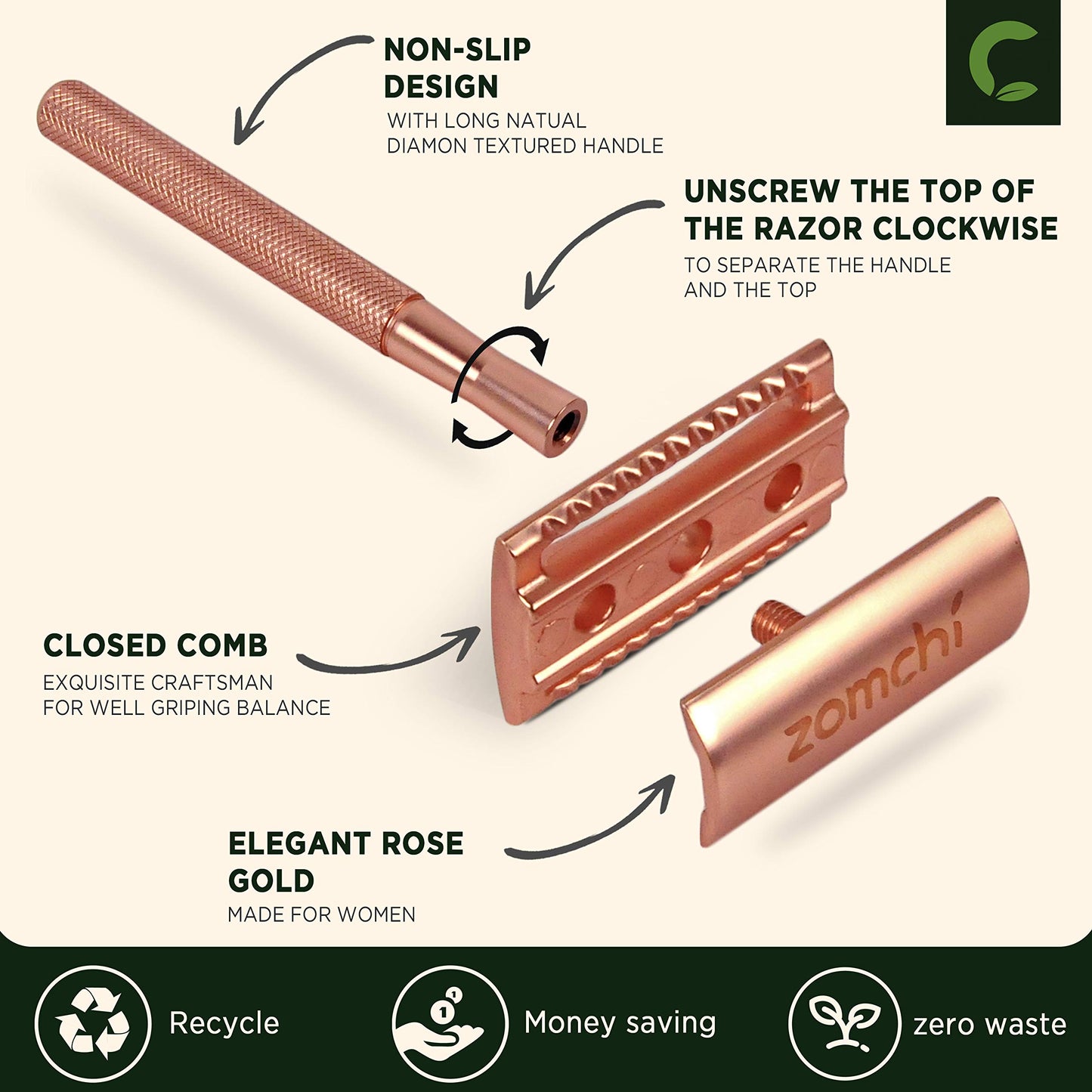 ZOMCHI Double Edge Safety Razor for Men & Women, Premium Metal Razor with 10 Double Edge Safety Razor Blades,Single Blade Razor – Noble Silver