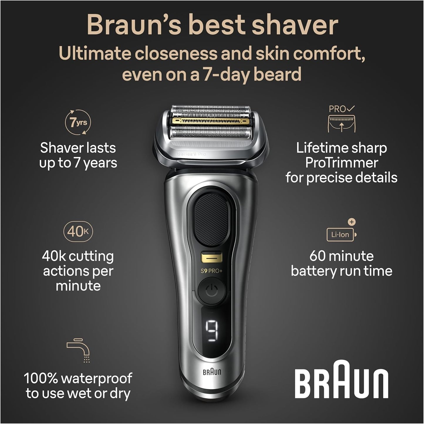 Braun Series 9 PRO+ Electric Razor for Men, 5 Pro Shave Elements & Precision Long Hair Trimmer, 6in1 SmartCare Center, Wet & Dry Electric Razor for Smooth Skin with 60min Battery Runtime, 9567cc