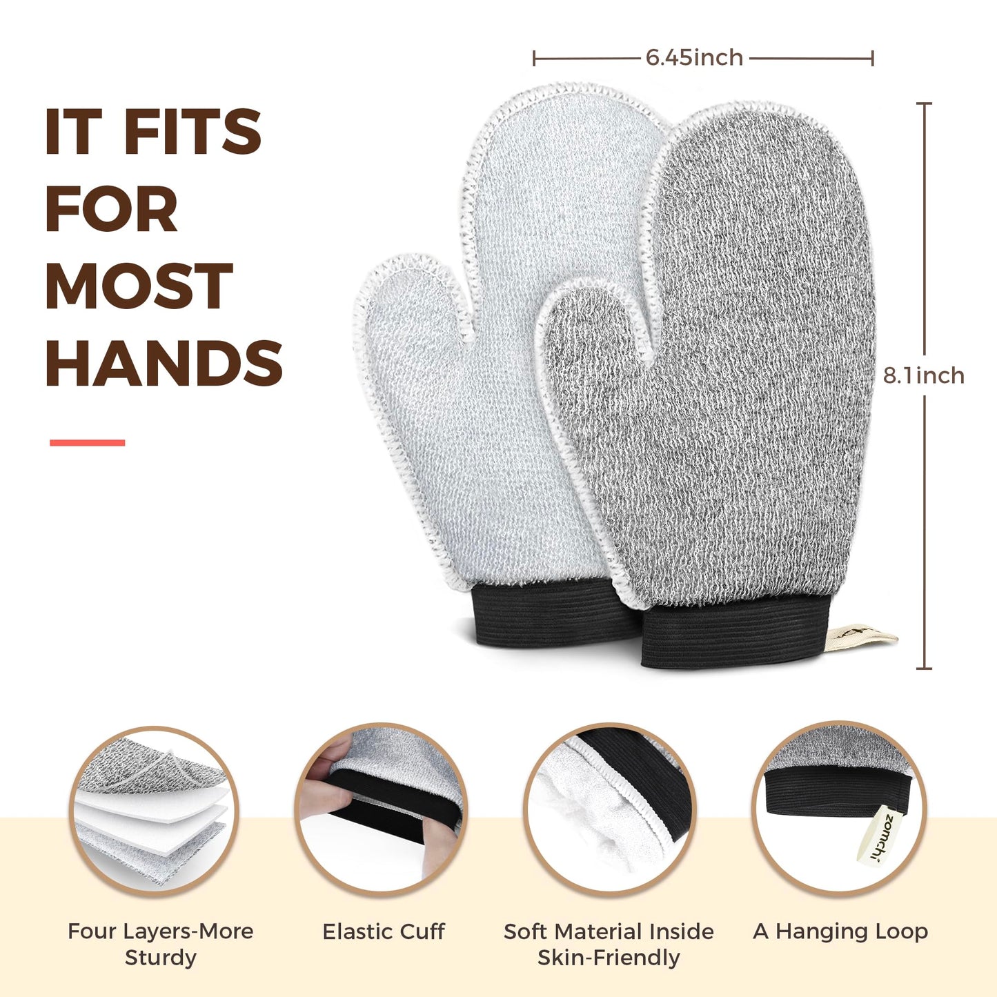 ZOMCHI 2 Pack Deep Exfoliating Glove with Dual Texture, Massage Body Scrub Gloves for Home Spa, Exfoliating Mitt for Dead Skin Removal (Deep + Gentle)