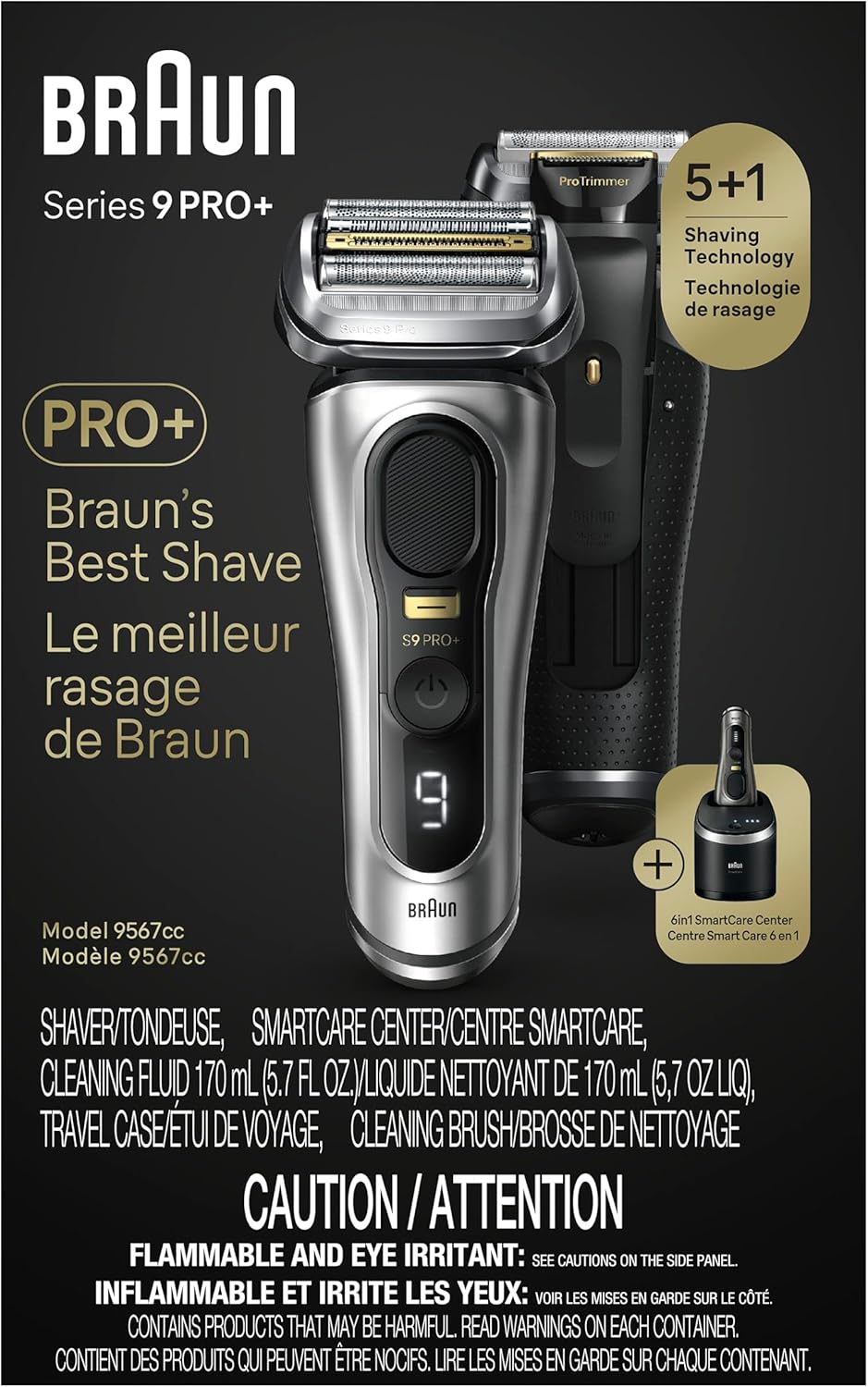 Braun Series 9 PRO+ Electric Razor for Men, 5 Pro Shave Elements & Precision Long Hair Trimmer, 6in1 SmartCare Center, Wet & Dry Electric Razor for Smooth Skin with 60min Battery Runtime, 9567cc