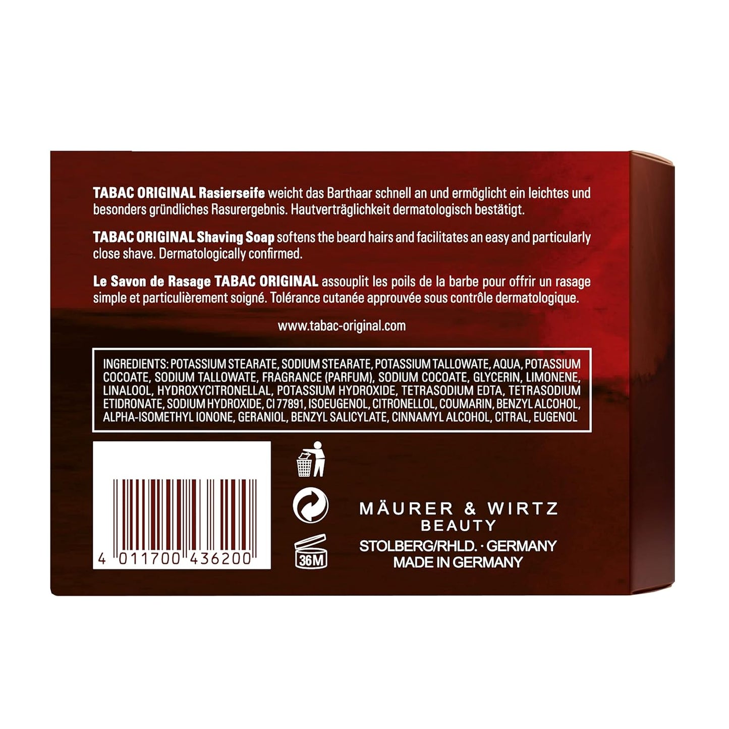 Tabac Original By Maurer & Wirtz For Men. Shaving Soap Bowl 4.4 Ounces
