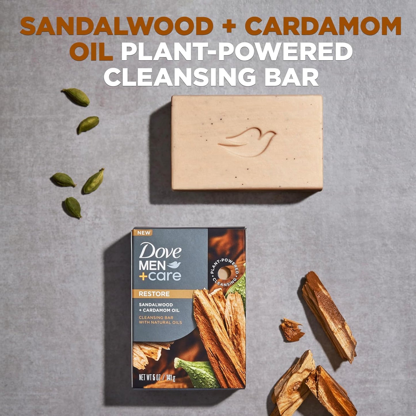 DOVE MEN + CARE Cleansing Bar Soap Sandalwood + Cardamom Oil 4 Bars to Rebuild Skin in the Shower, a 4in1 Hair, Body, Face & Shaving Bar with Plant-Based Cleanser and Natural Oils 5 oz