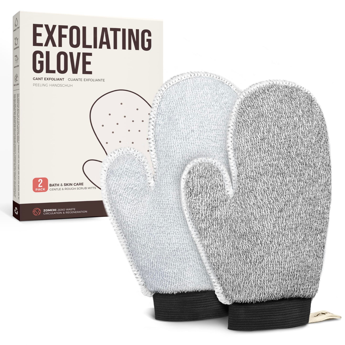 ZOMCHI 2 Pack Deep Exfoliating Glove with Dual Texture, Massage Body Scrub Gloves for Home Spa, Exfoliating Mitt for Dead Skin Removal (Deep + Gentle)