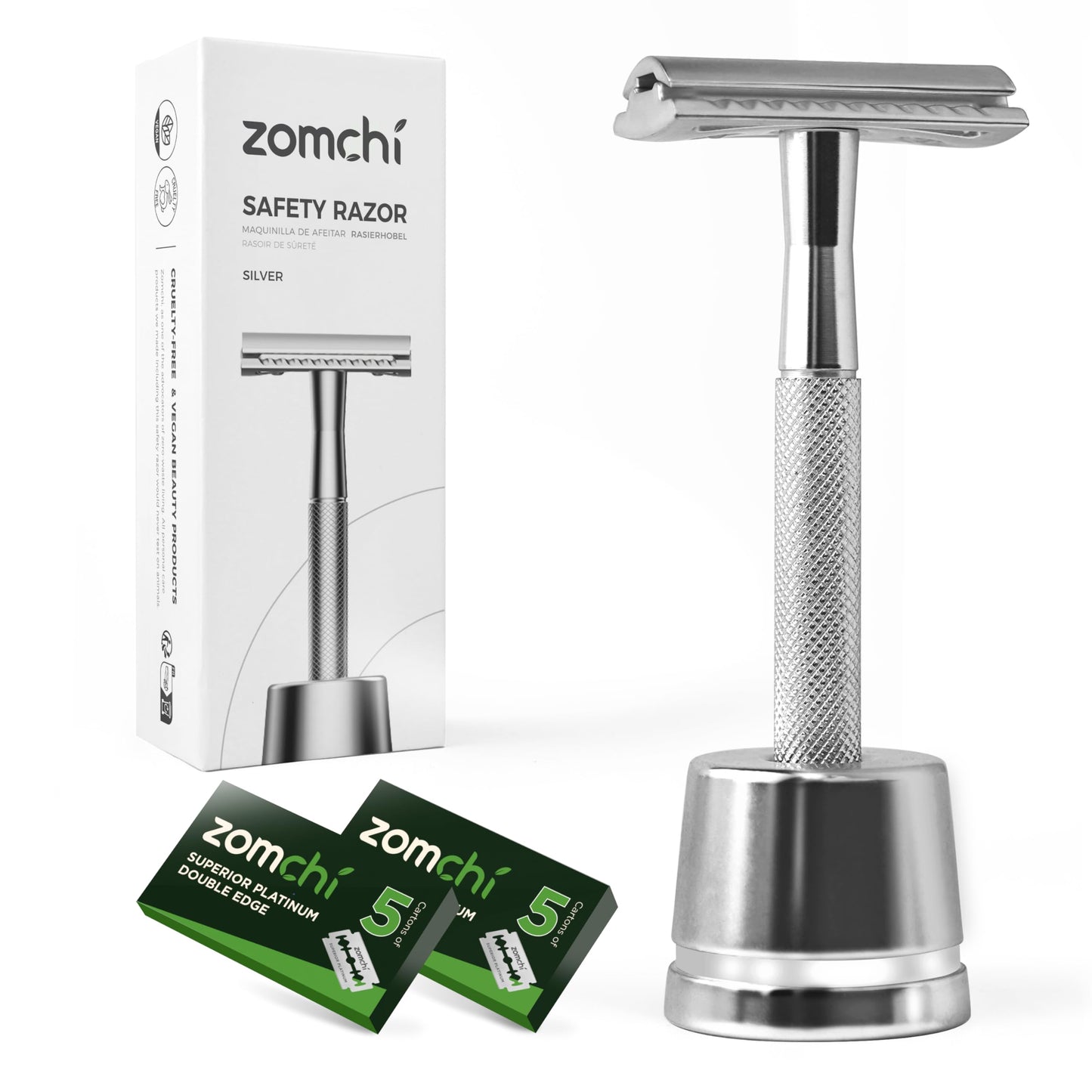 ZOMCHI Double Edge Safety Razor for Men & Women, Premium Metal Razor with 10 Double Edge Safety Razor Blades,Single Blade Razor – Noble Silver