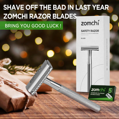 ZOMCHI Double Edge Safety Razor for Men & Women, Premium Metal Razor with 10 Double Edge Safety Razor Blades,Single Blade Razor – Noble Silver