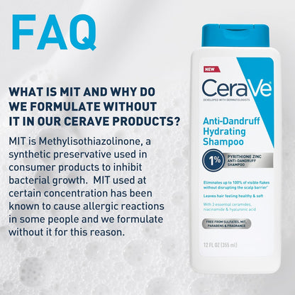 CeraVe Hydrating Anti Dandruff Shampoo, 1% Pyrithione Zinc Dandruff Treatment With Ceramides, Niacinamide & Hyaluronic Acid, Helps Eliminate Flakes & Provides Itchy Scalp Relief, Sulfate Free, 12 Oz