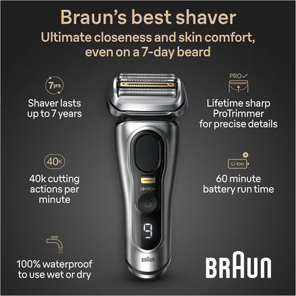 Braun Series 9 PRO+ Electric Razor for Men, 5 Pro Shave Elements & Precision Long Hair Trimmer, 6in1 SmartCare Center, Wet & Dry Electric Razor for Smooth Skin with 60min Battery Runtime, 9567cc