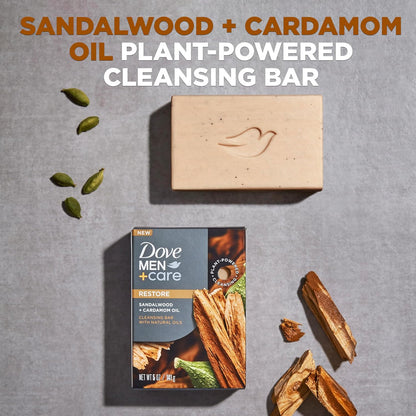 DOVE MEN + CARE Cleansing Bar Soap Sandalwood + Cardamom Oil 4 Bars to Rebuild Skin in the Shower, a 4in1 Hair, Body, Face & Shaving Bar with Plant-Based Cleanser and Natural Oils 5 oz