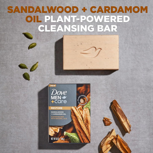 DOVE MEN + CARE Cleansing Bar Soap Sandalwood + Cardamom Oil 4 Bars to Rebuild Skin in the Shower, a 4in1 Hair, Body, Face & Shaving Bar with Plant-Based Cleanser and Natural Oils 5 oz