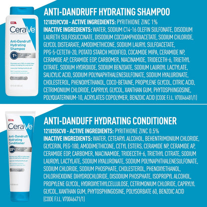 CeraVe Hydrating Anti Dandruff Shampoo, 1% Pyrithione Zinc Dandruff Treatment With Ceramides, Niacinamide & Hyaluronic Acid, Helps Eliminate Flakes & Provides Itchy Scalp Relief, Sulfate Free, 12 Oz