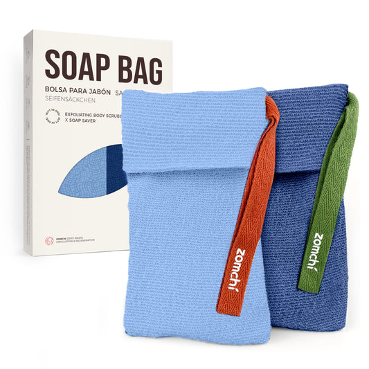 ZOMCHI 2 Pieces Soap Bags for Soap Bars with Different Roughness, Exfoliating Soap Saver Bags, Soap Pouch for Body Wash (Blue)